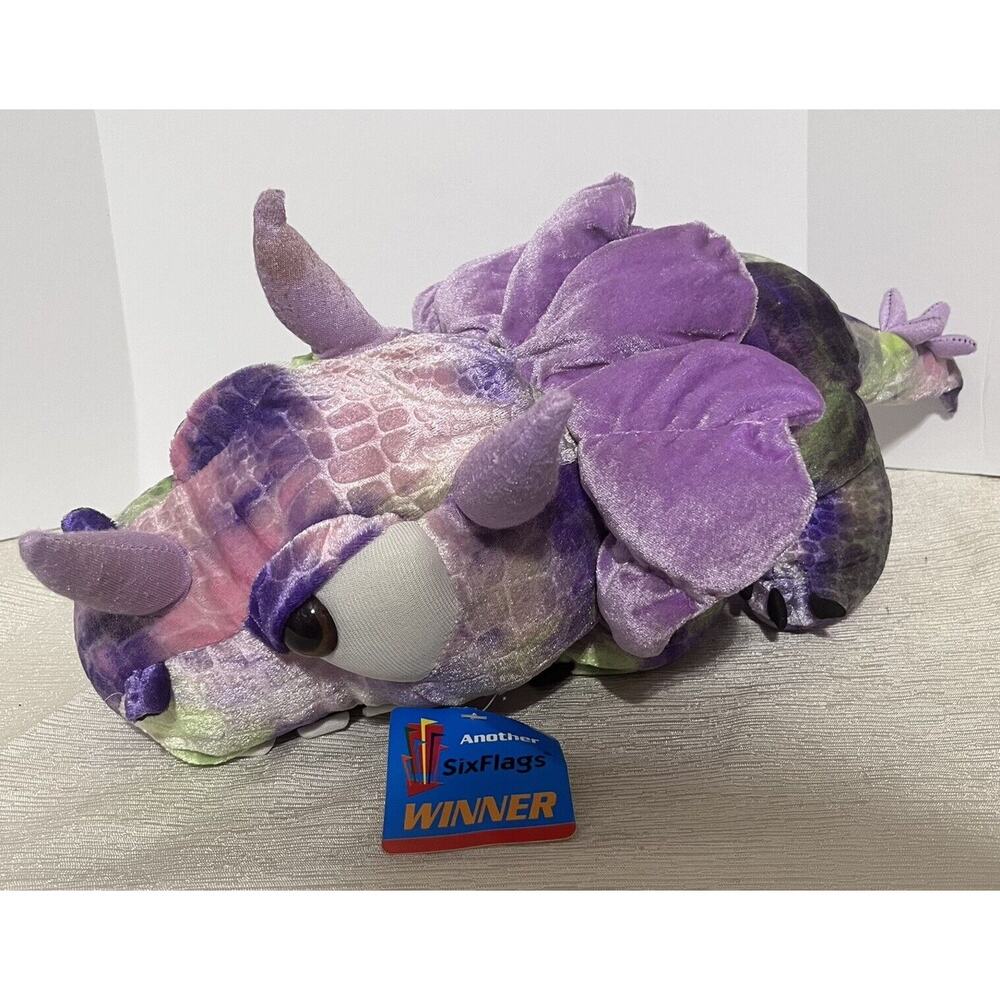 Six Flags Winner Purple Dinosaur Plush 18” Stuffed Animal Tie Dye Triceratops
